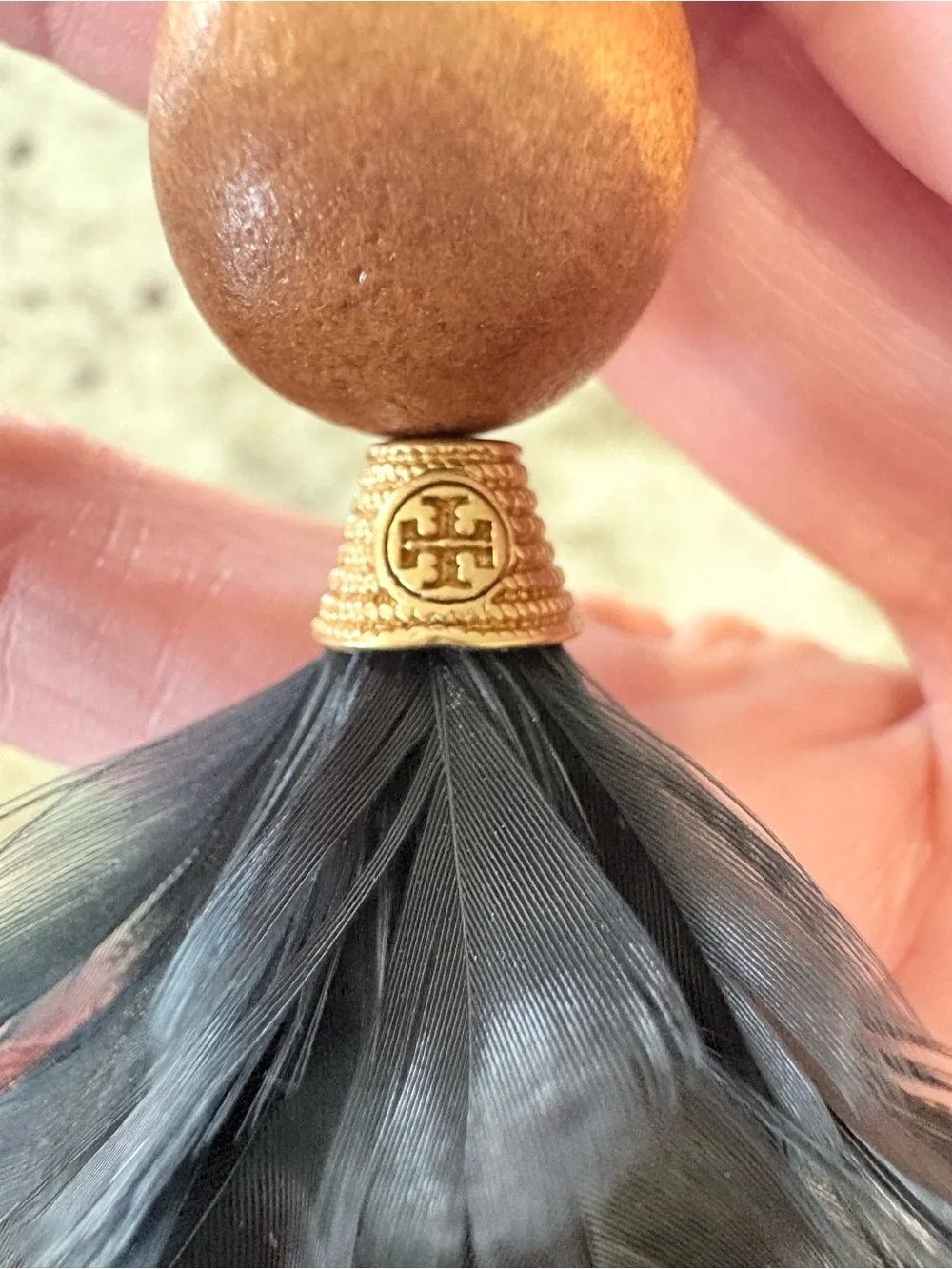 Tory Burch black feather drop earrings with black / ivory / brown stone accents
